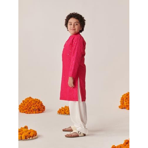 Pspeaches Boys Floral Embroidered Regular Thread Work Kurta With Pyjamas (10-12Years)