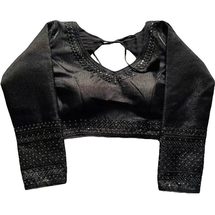 Pujia Mills Milan Silk Full Sleeve V Neck Multi Embroidery Trendy Saree Blouse(Rukmini Black 42)