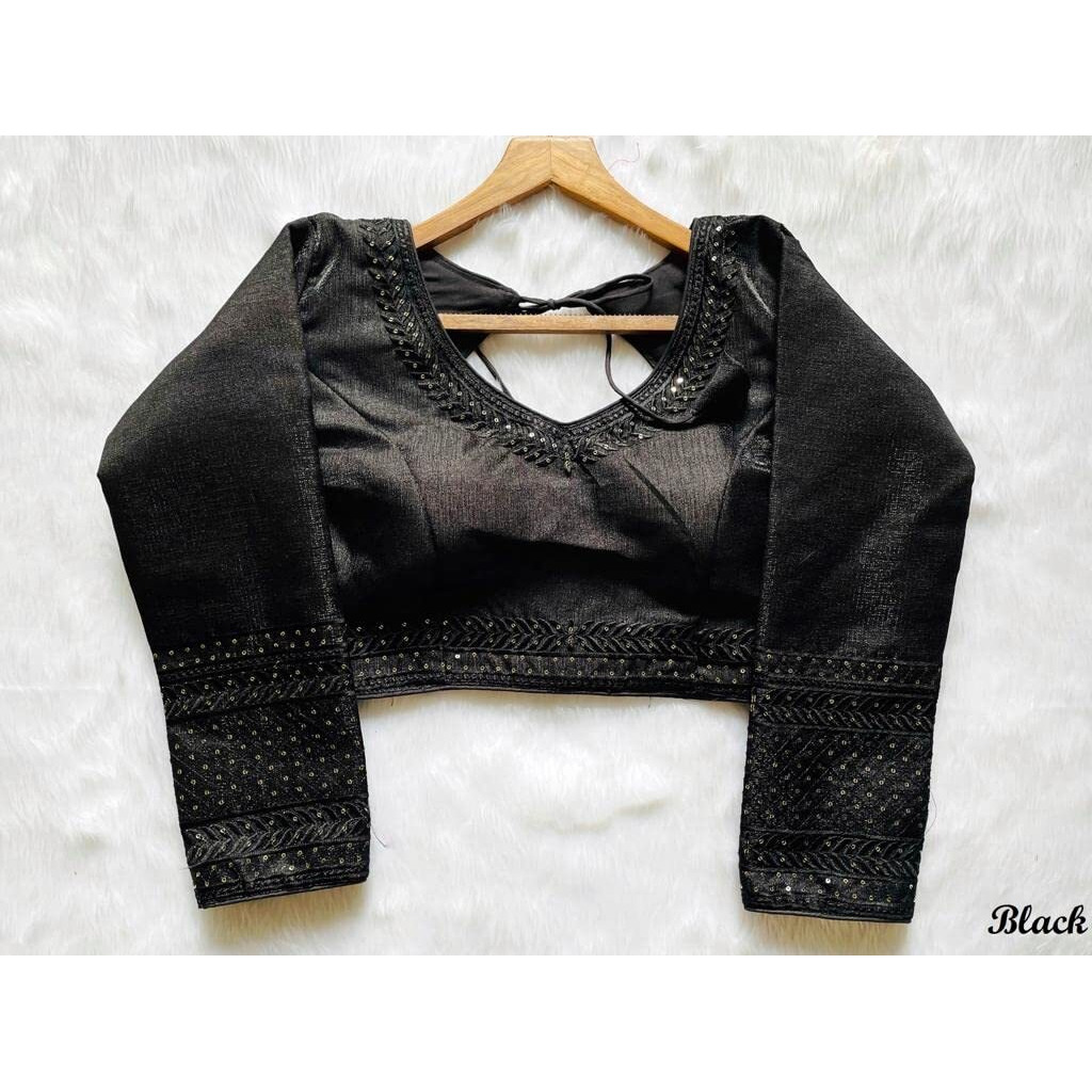 Pujia Mills Milan Silk Full Sleeve V Neck Multi Embroidery Trendy Saree Blouse(Rukmini Black 42)