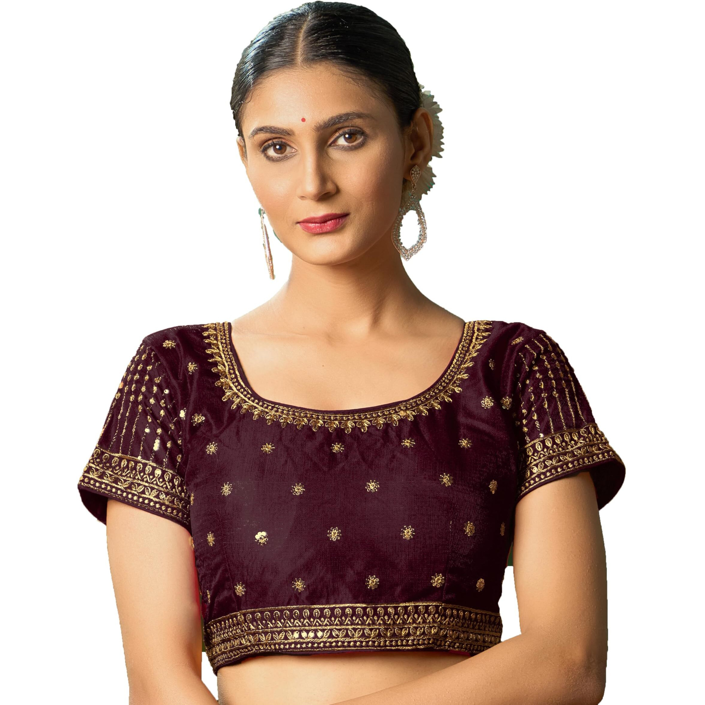 Pujia Mills Women's Maroon Readymade Blouse Embroidery Multi Coding Gold Thread Indian Ethnic Designer Blouse Stitched Women's Readymade Short Sleeve Saree Blouse For Women For Saree Lehenga Choli