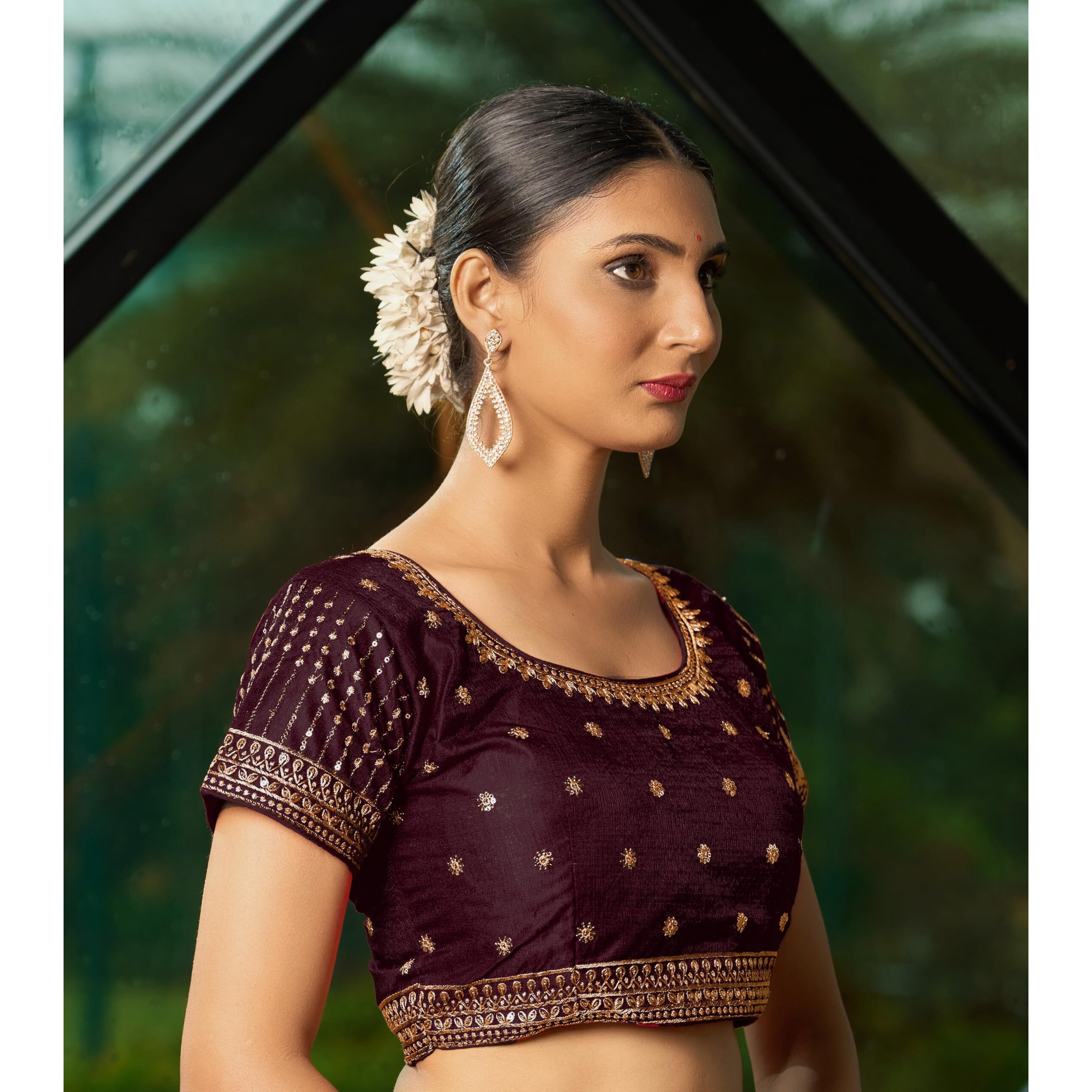 Pujia Mills Women's Maroon Readymade Blouse Embroidery Multi Coding Gold Thread Indian Ethnic Designer Blouse Stitched Women's Readymade Short Sleeve Saree Blouse For Women For Saree Lehenga Choli