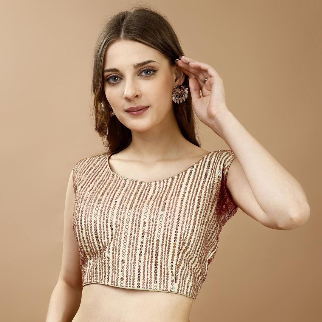 Pujia Mills Women's Sequin Embroidered U Neck Sleeveless Readymade Saree Blouse Indian Ethnic Designer Stitched Women's Cream Blouse For Women