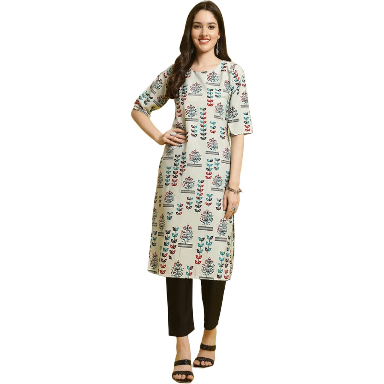 Patlani Women's A-Line-Calf Langth Half Sleeve Crepe Kurti. Grey