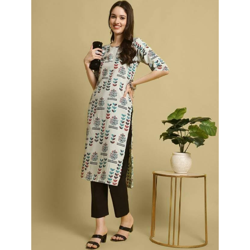 Patlani Women's A-Line-Calf Langth Half Sleeve Crepe Kurti. Grey