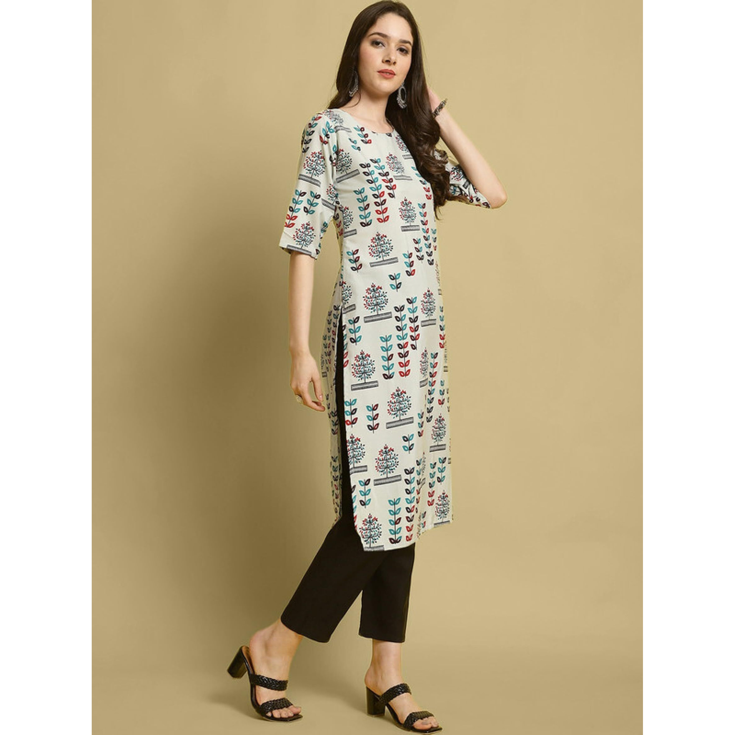Patlani Women's A-Line-Calf Langth Half Sleeve Crepe Kurti. Grey