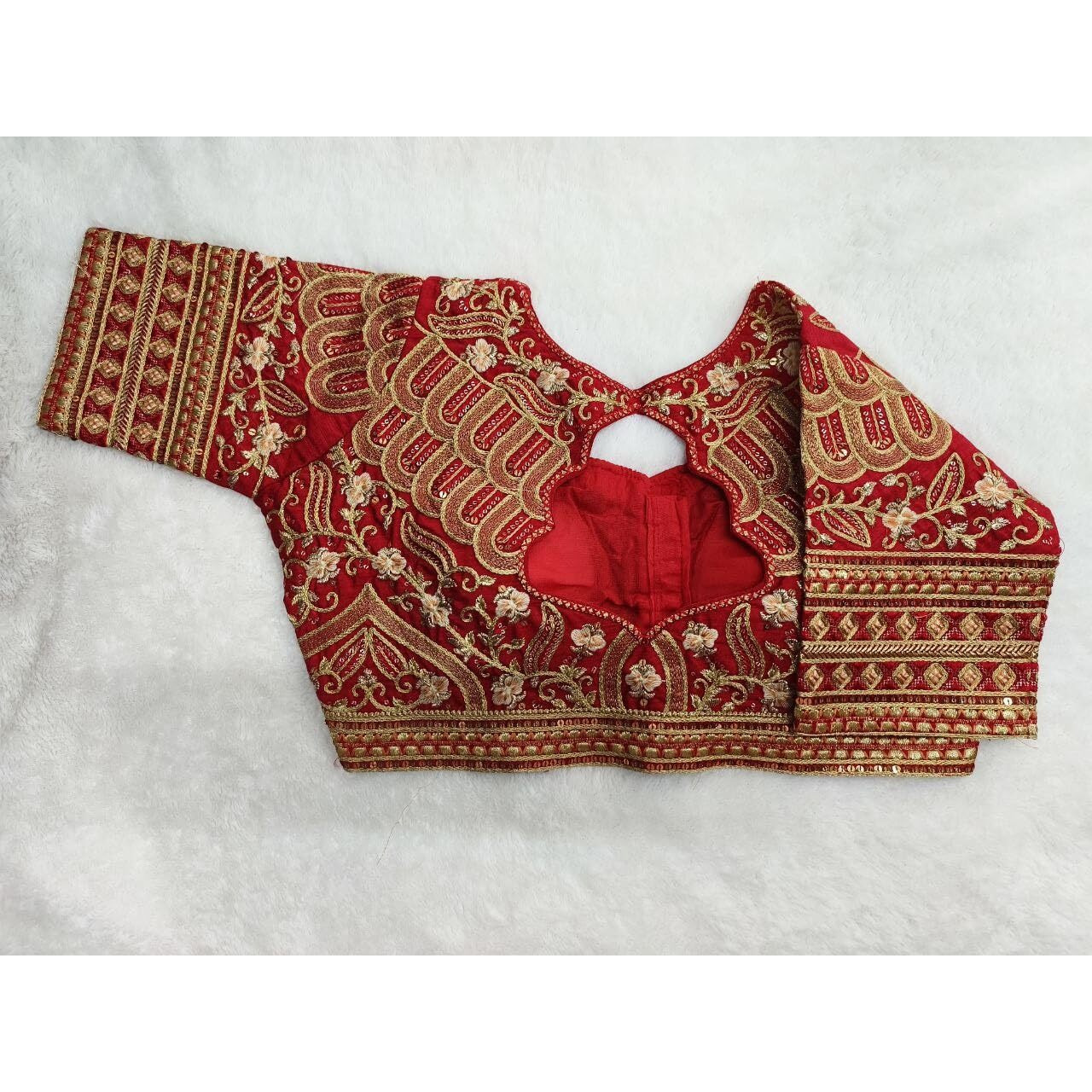 Pujia Mills Women's Silk Embroidery Half Sleeve Regular Bridal Blouse (Pm Farma 2104 Red 36