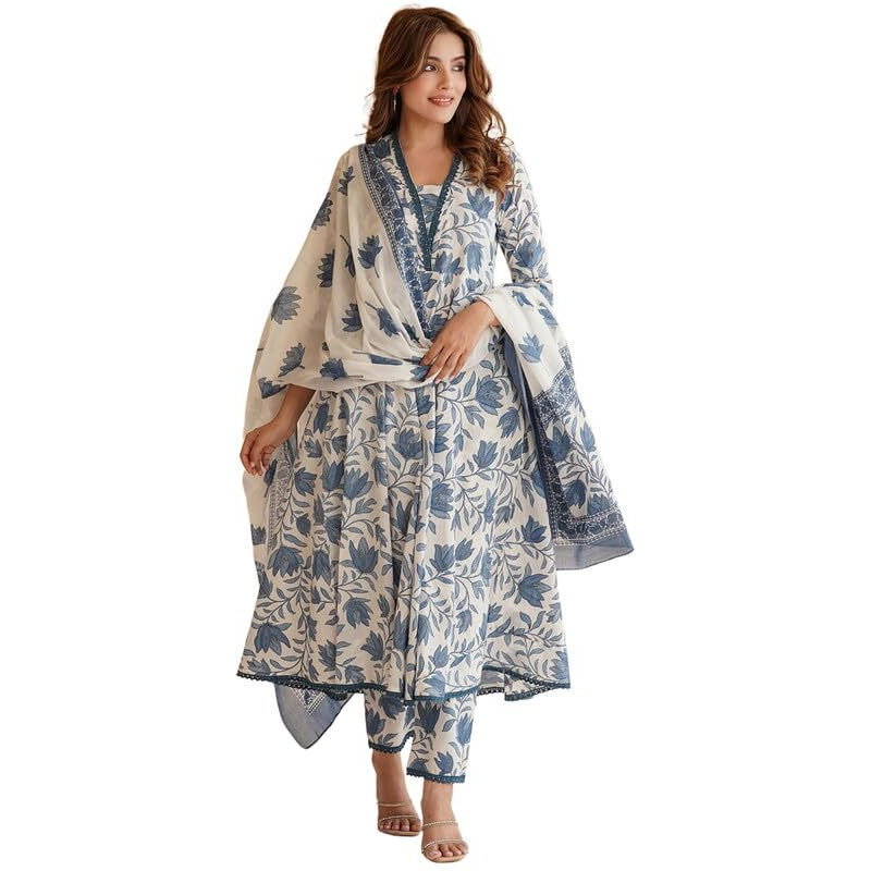 Pinkmint Women's Cotton Blend Off White Floral Printed Kurta With Pant & Dupatta L Stylish Festival Wear (Pack Of 1)