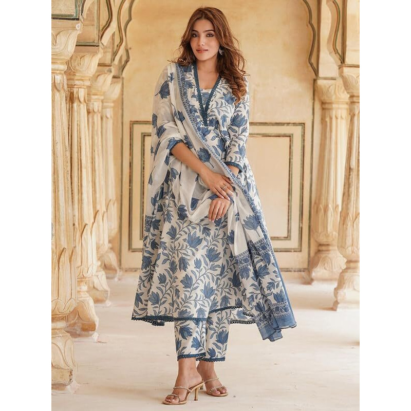 Pinkmint Women's Cotton Blend Off White Floral Printed Kurta With Pant & Dupatta L Stylish Festival Wear (Pack Of 1)