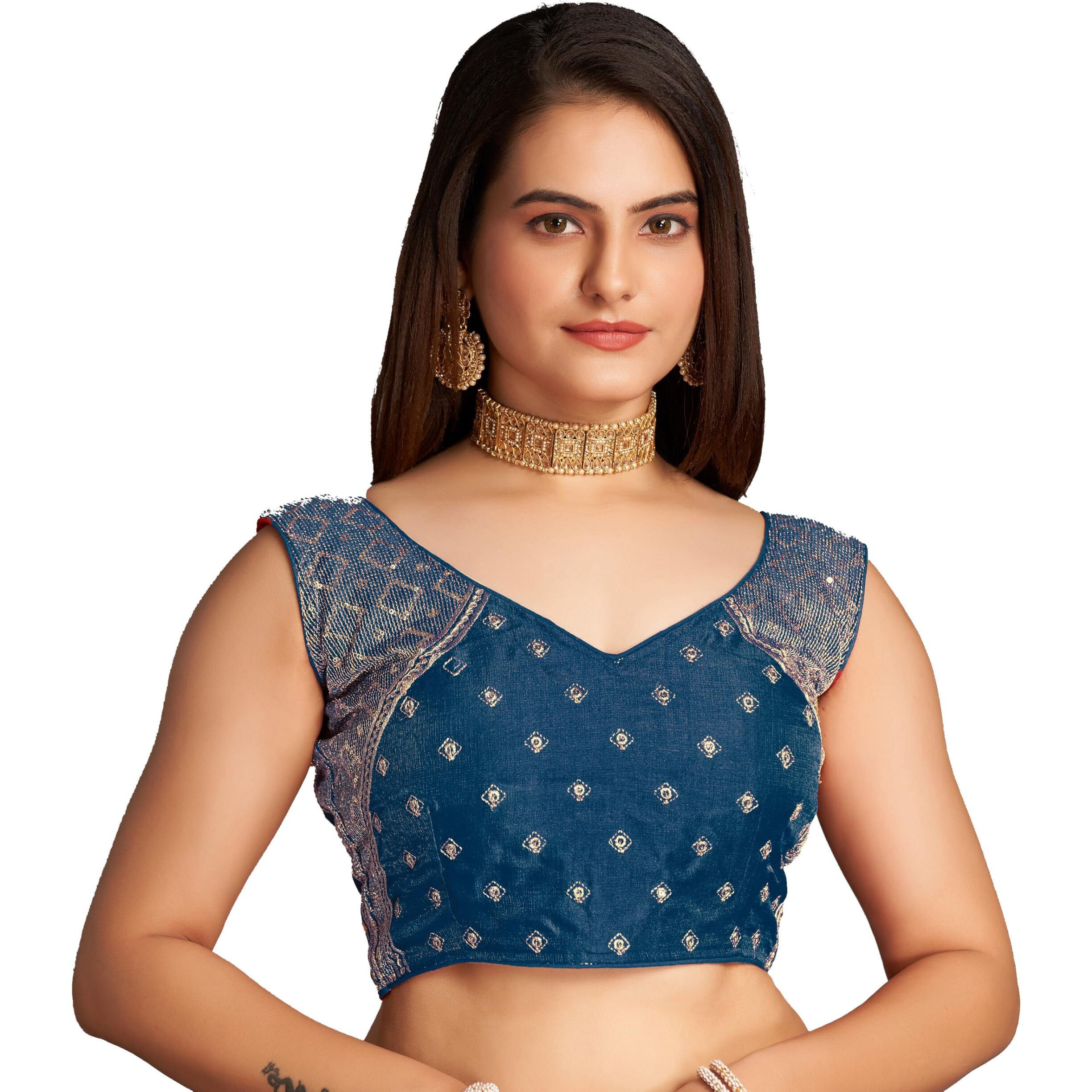 Pujia Mills Women's Sequin Embroidered V Neck Sleeveless Morpeach Readymade Saree Blouse Indian Ethnic Stitched Padded Blouses For Women