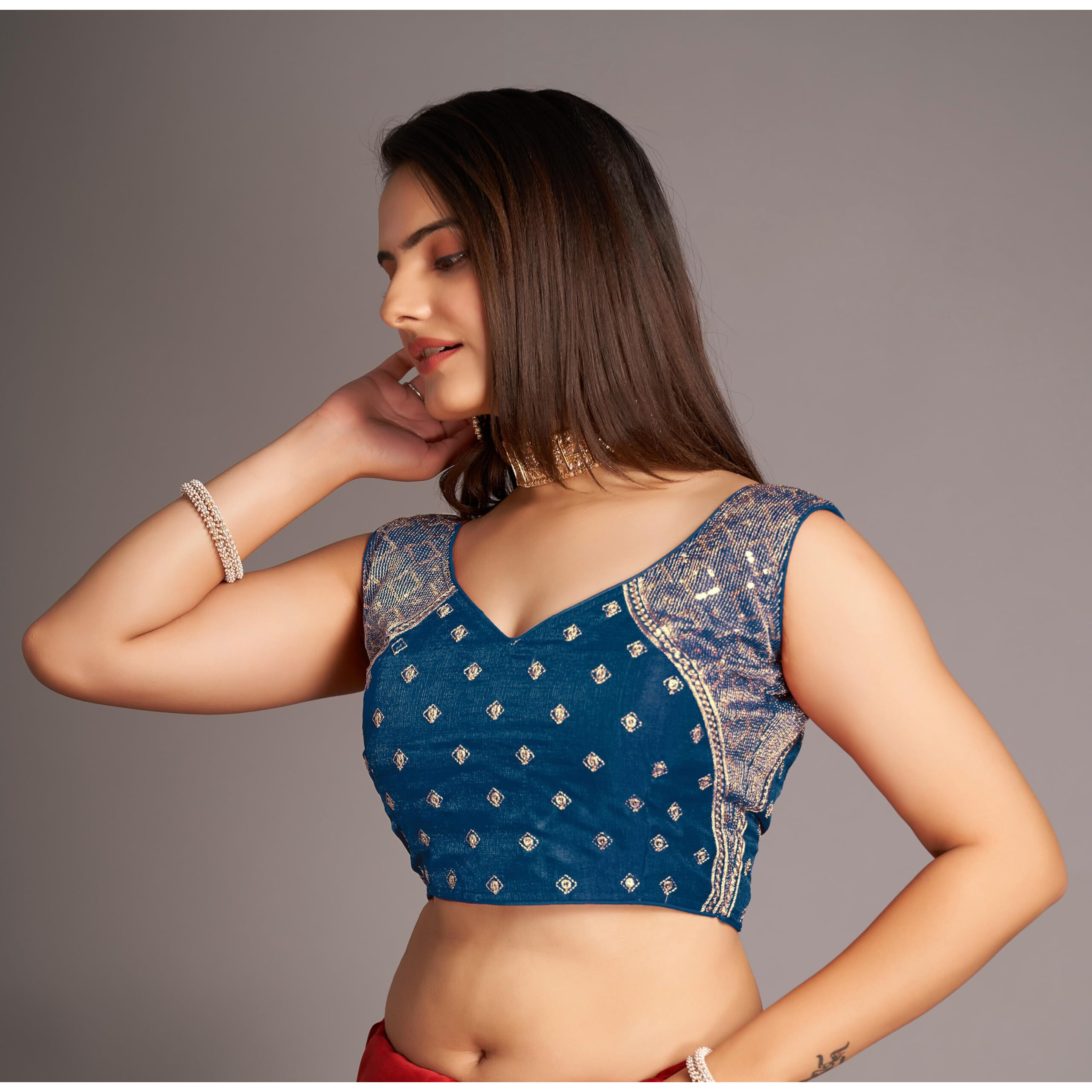 Pujia Mills Women's Sequin Embroidered V Neck Sleeveless Morpeach Readymade Saree Blouse Indian Ethnic Stitched Padded Blouses For Women