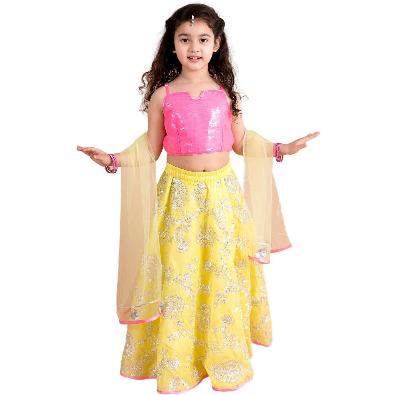Pspeaches Girl's Polyester Lehenga Choli (L-Gotajaal_Yellow_12-14Y)