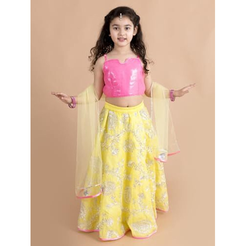 Pspeaches Girl's Polyester Lehenga Choli (L-Gotajaal_Yellow_12-14Y)