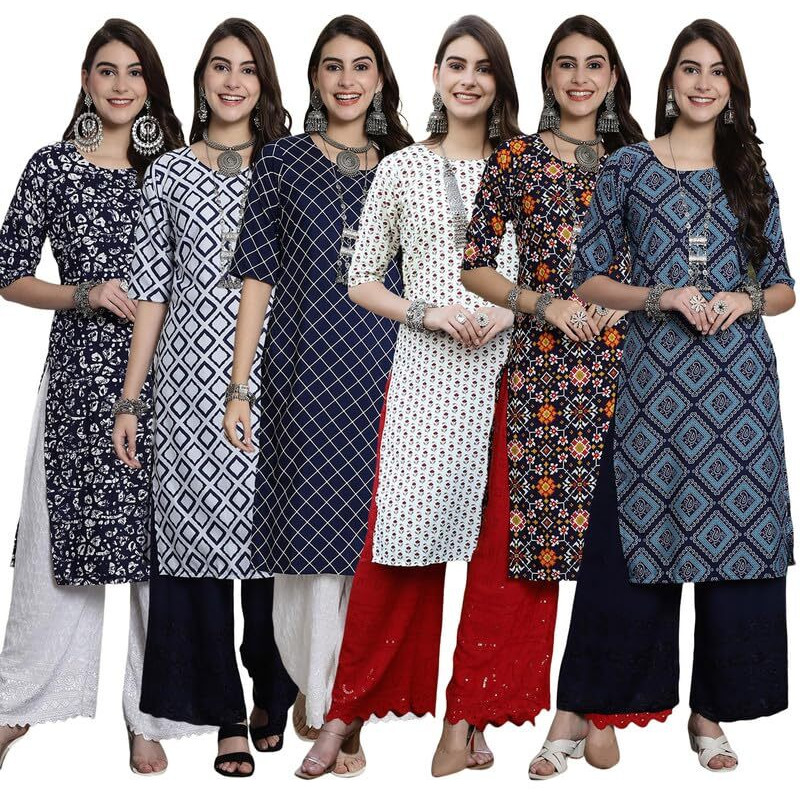 Pinkmint Women's Crepe Kurti Round Neck Straight Kurti For Women Comfortable Kurti Regular Wear Kurti For Women's (Pack Of 6)