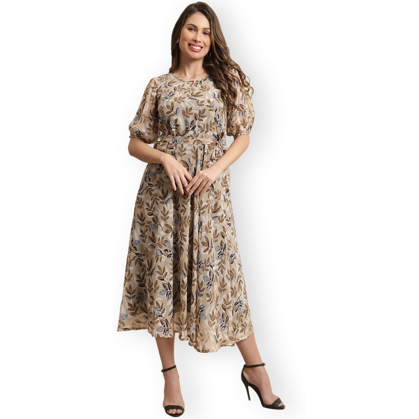 Preneum Women's Maxi Fit & Flare Latest Style Print Georgette Regular Sleeves Casual Summer Maxi Dress || Festival & Occasion, Brown, L