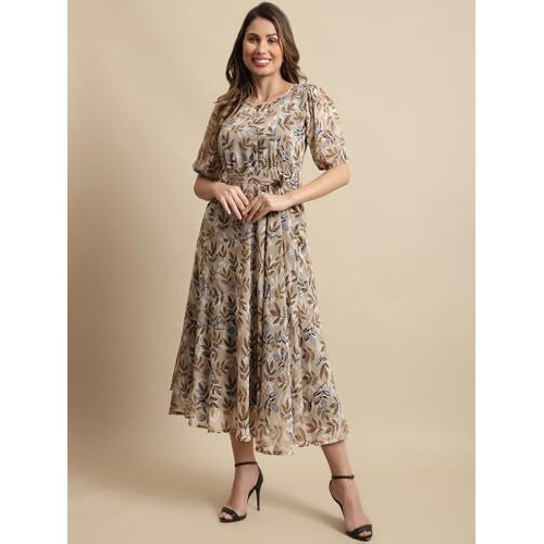 Preneum Women's Maxi Fit & Flare Latest Style Print Georgette Regular Sleeves Casual Summer Maxi Dress || Festival & Occasion, Brown, L