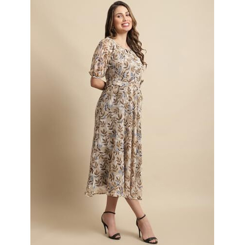 Preneum Women's Maxi Fit & Flare Latest Style Print Georgette Regular Sleeves Casual Summer Maxi Dress || Festival & Occasion, Brown, L