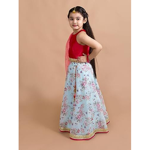 Pspeaches Girls Polyester Red Blue Floral Readymade Lehenga Choli Set (Red-5-6Y), 5-6 Years