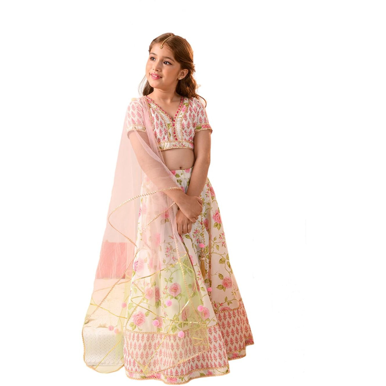 Pspeaches Girl's Cotton Readymade Lehenga Choli (L-Offwhitepinkbooti_Off White_3-4Y)