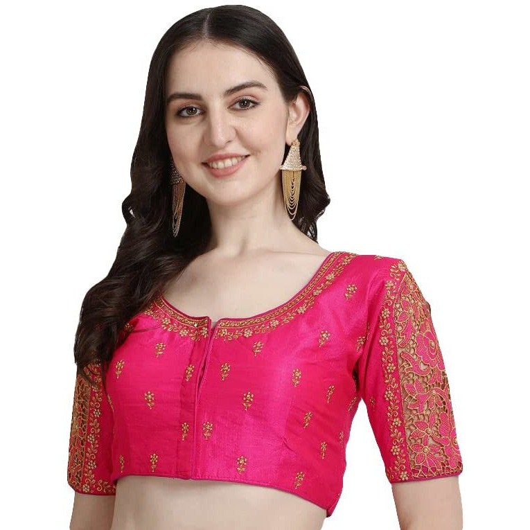 Pujia Mills Women's Silk Flower Embroidery Sleeves Cut Work Half Sleeve Readymade Saree Blouse (Gulab Rose_Rani_38)