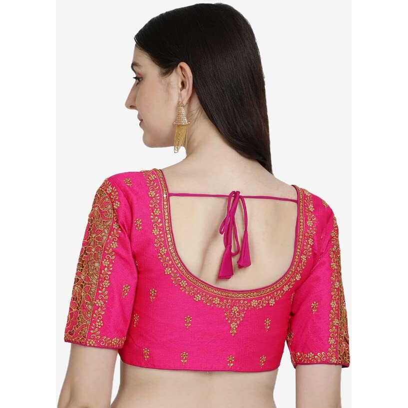 Pujia Mills Women's Silk Flower Embroidery Sleeves Cut Work Half Sleeve Readymade Saree Blouse (Gulab Rose_Rani_38)