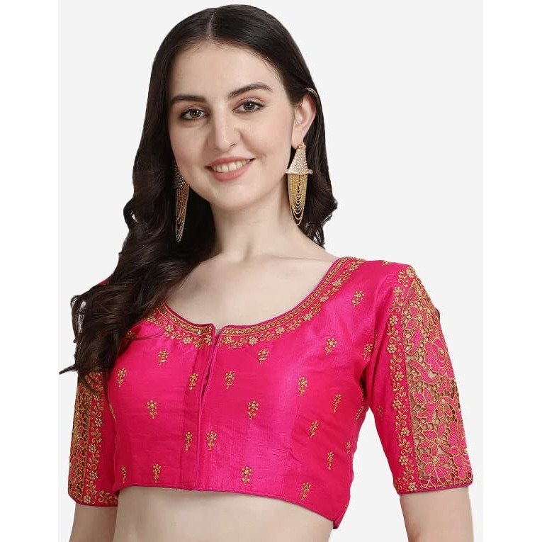 Pujia Mills Women's Silk Flower Embroidery Sleeves Cut Work Half Sleeve Readymade Saree Blouse (Gulab Rose_Rani_38)