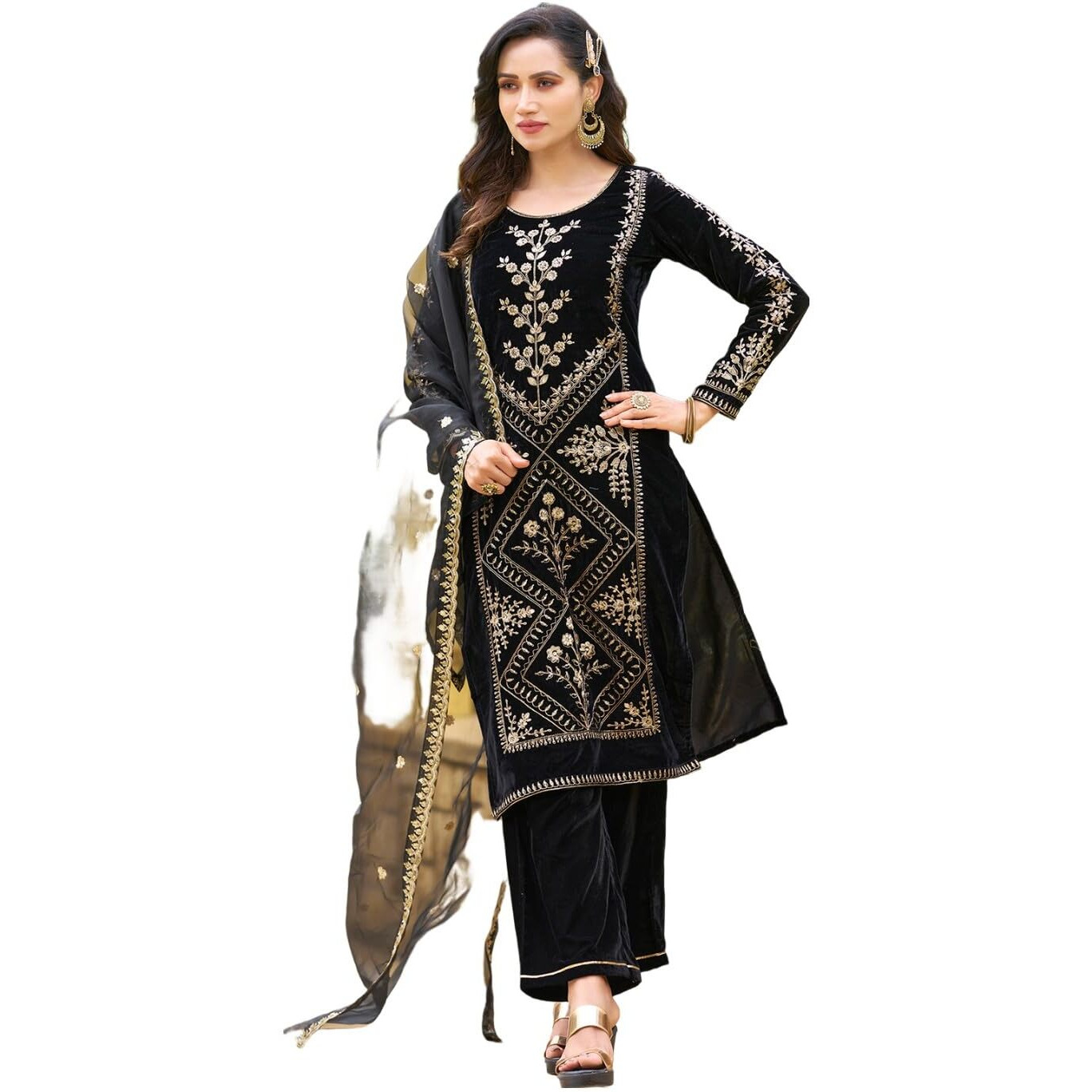 Sanisa Women's Velvet Embroidery Straight Kurta With Pant And Embroidery Dupatta (90Kbd994Nz-Xxl_Black)