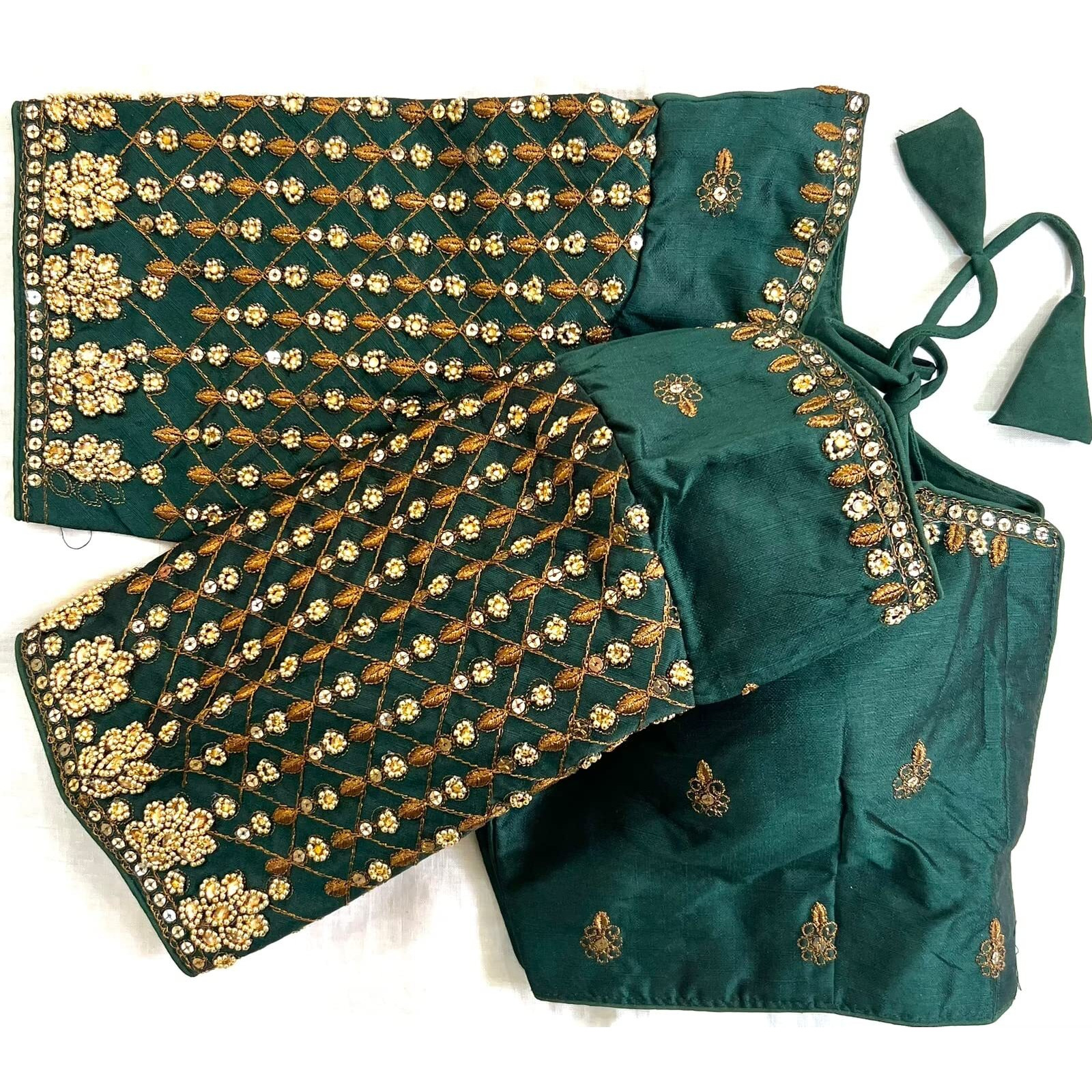 Pujia Mills Women's Trendy Embroidery Maggam Work Half Sleeve Bottle Green Saree Blouse(Maggam 2 Bottle Green_38)