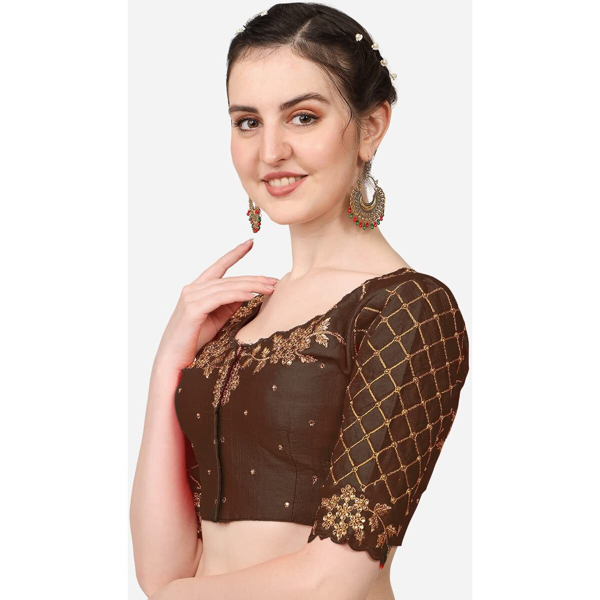 Pujia Mills Women's Embroidery Handwork, Rough Cut Work Stone Work Readymade Blouse (34, Brown)