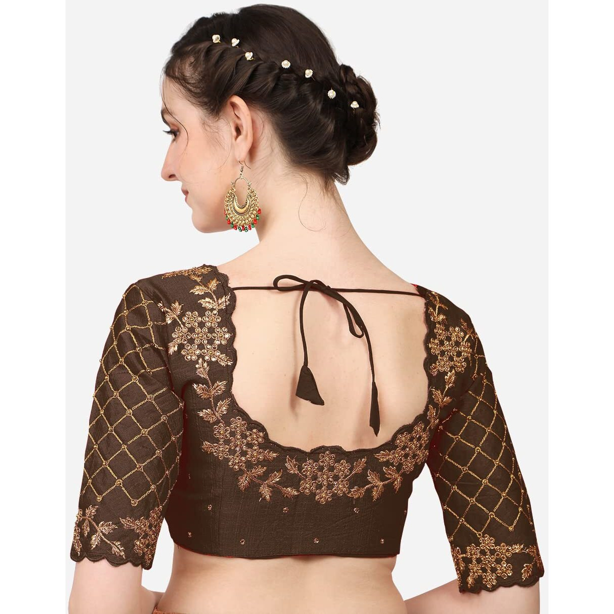 Pujia Mills Women's Embroidery Handwork, Rough Cut Work Stone Work Readymade Blouse (34, Brown)