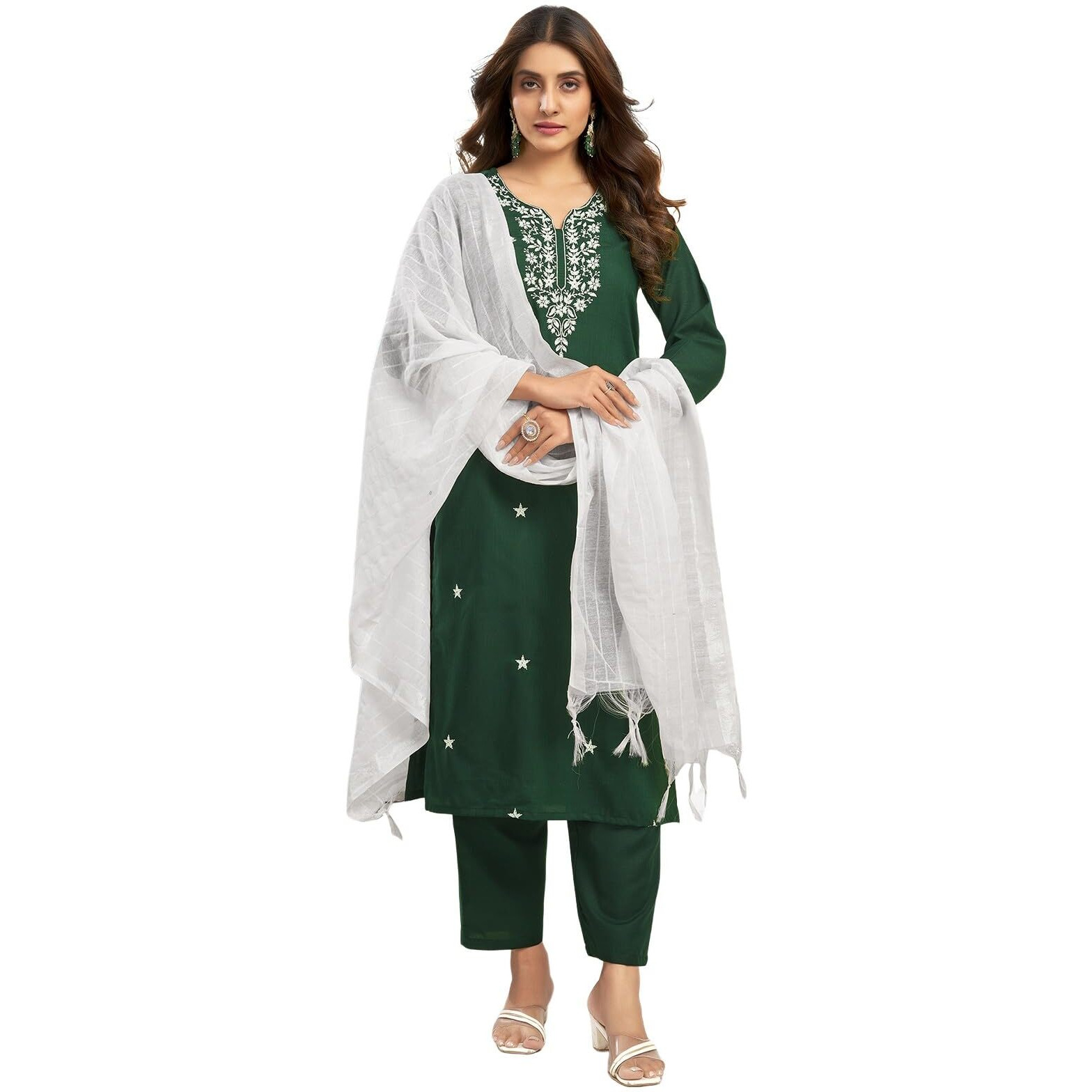Sanisa Women's Cotton Blend Lakhanavi Chikankari Embroidery Straight Kurta With Pant And Dupatta Set (191Kbd2035N-Xxl_Dark Green)
