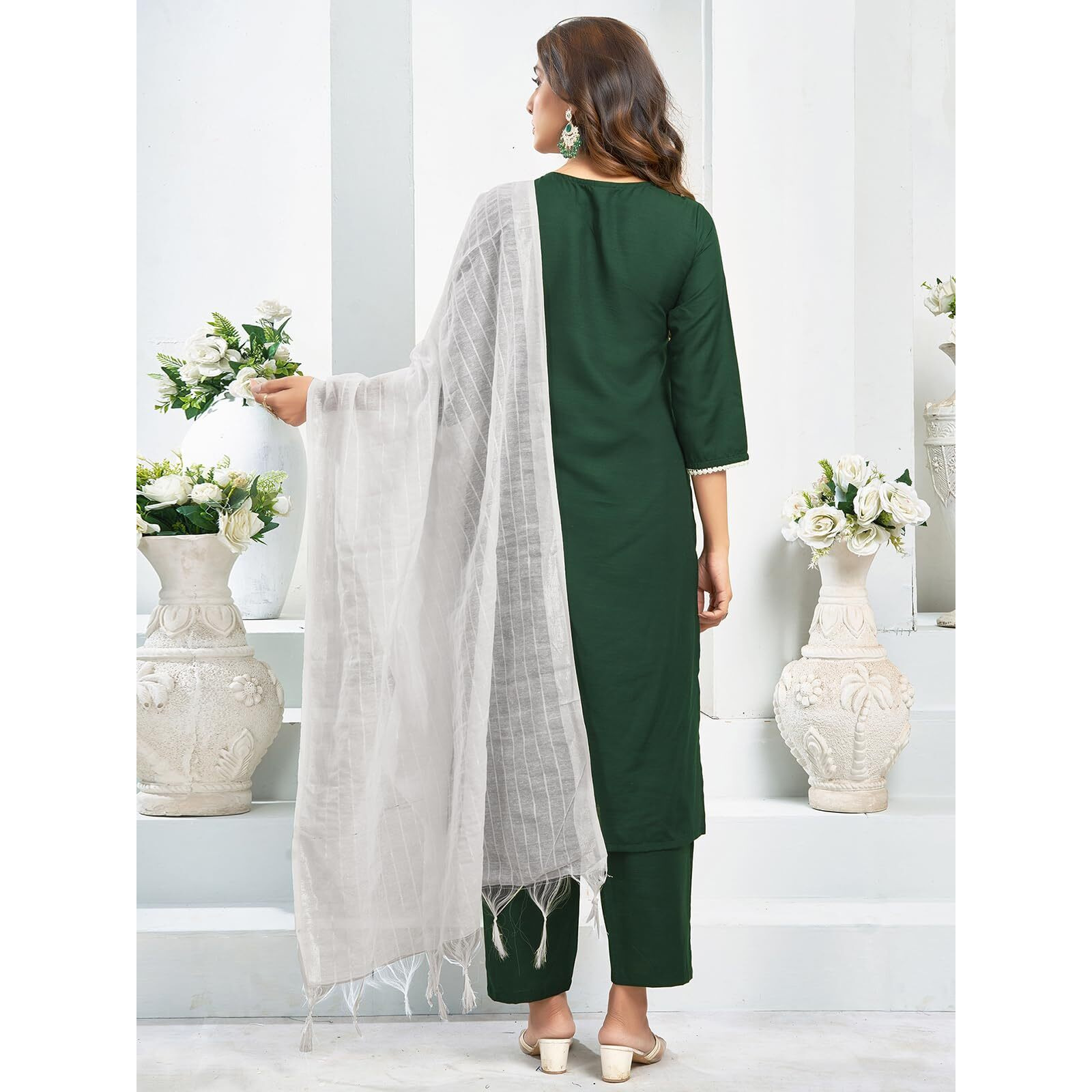 Sanisa Women's Cotton Blend Lakhanavi Chikankari Embroidery Straight Kurta With Pant And Dupatta Set (191Kbd2035N-Xxl_Dark Green)