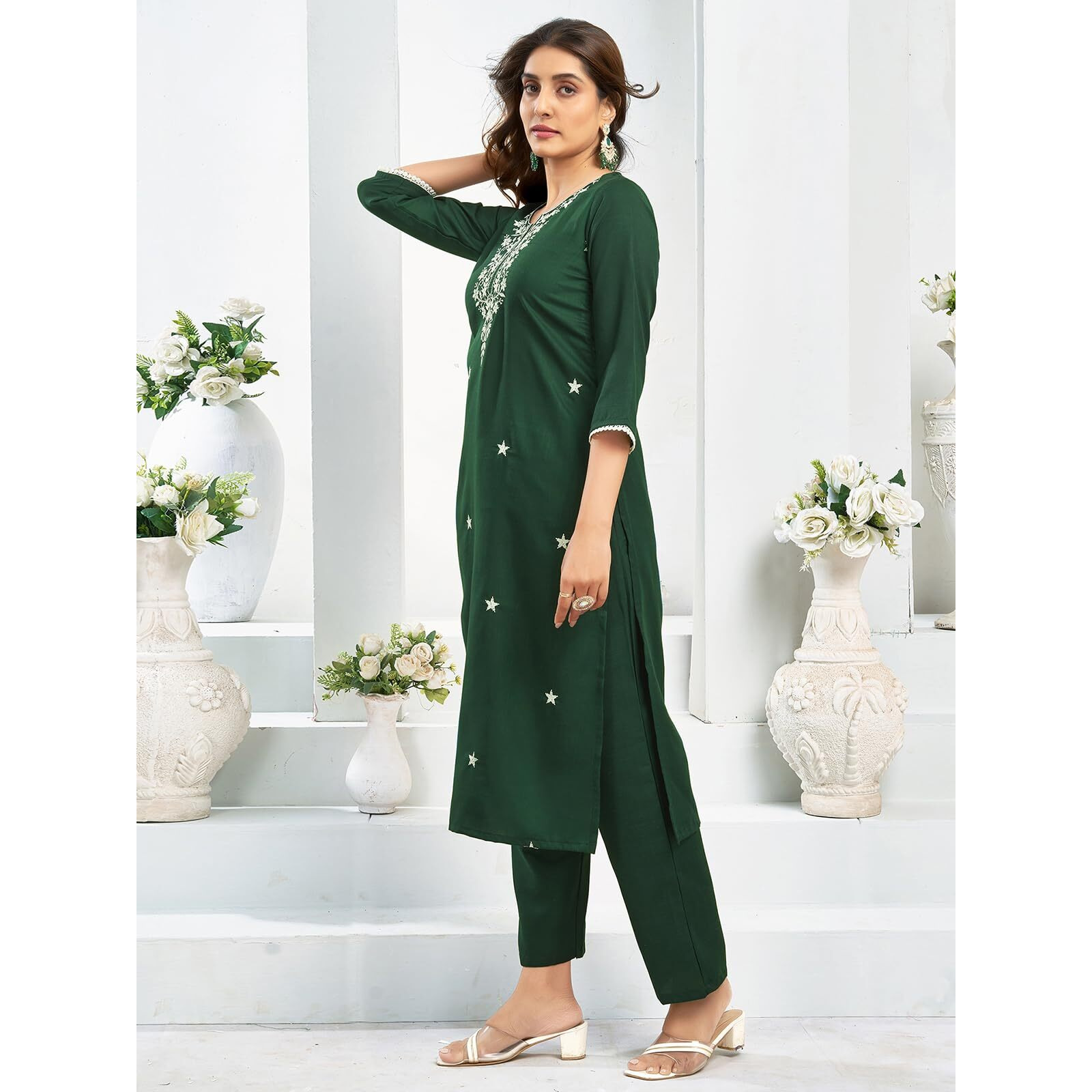 Sanisa Women's Cotton Blend Lakhanavi Chikankari Embroidery Straight Kurta With Pant And Dupatta Set (191Kbd2035N-Xxl_Dark Green)