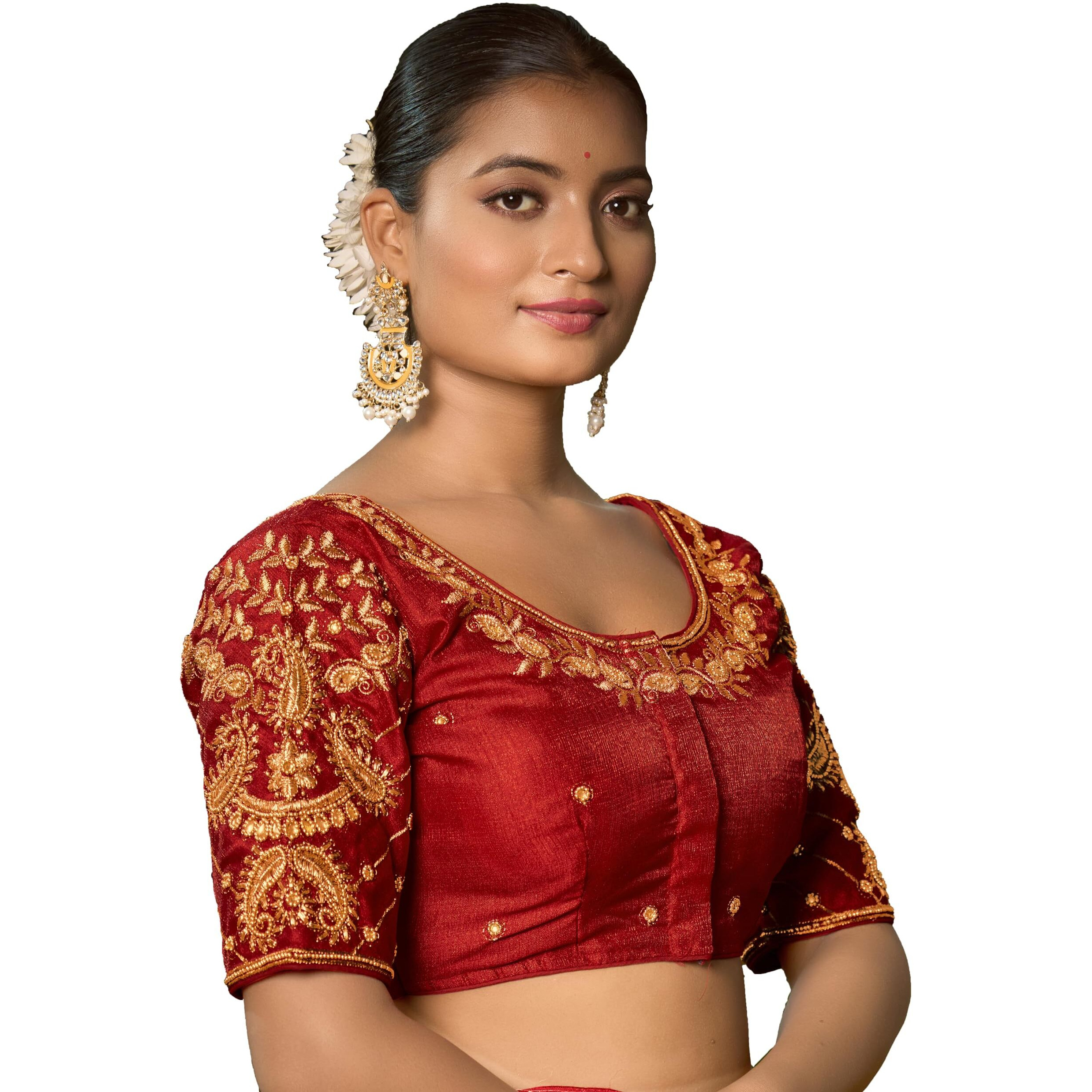 Pujia Mills Women's Readymade Blouse Embroidery Multi Coding Maggam Work Sequence Work Indian Ethnic Designer Stitched Readymade Saree Half Sleeve Red Blouse For Women For Saree Lehenga Choli