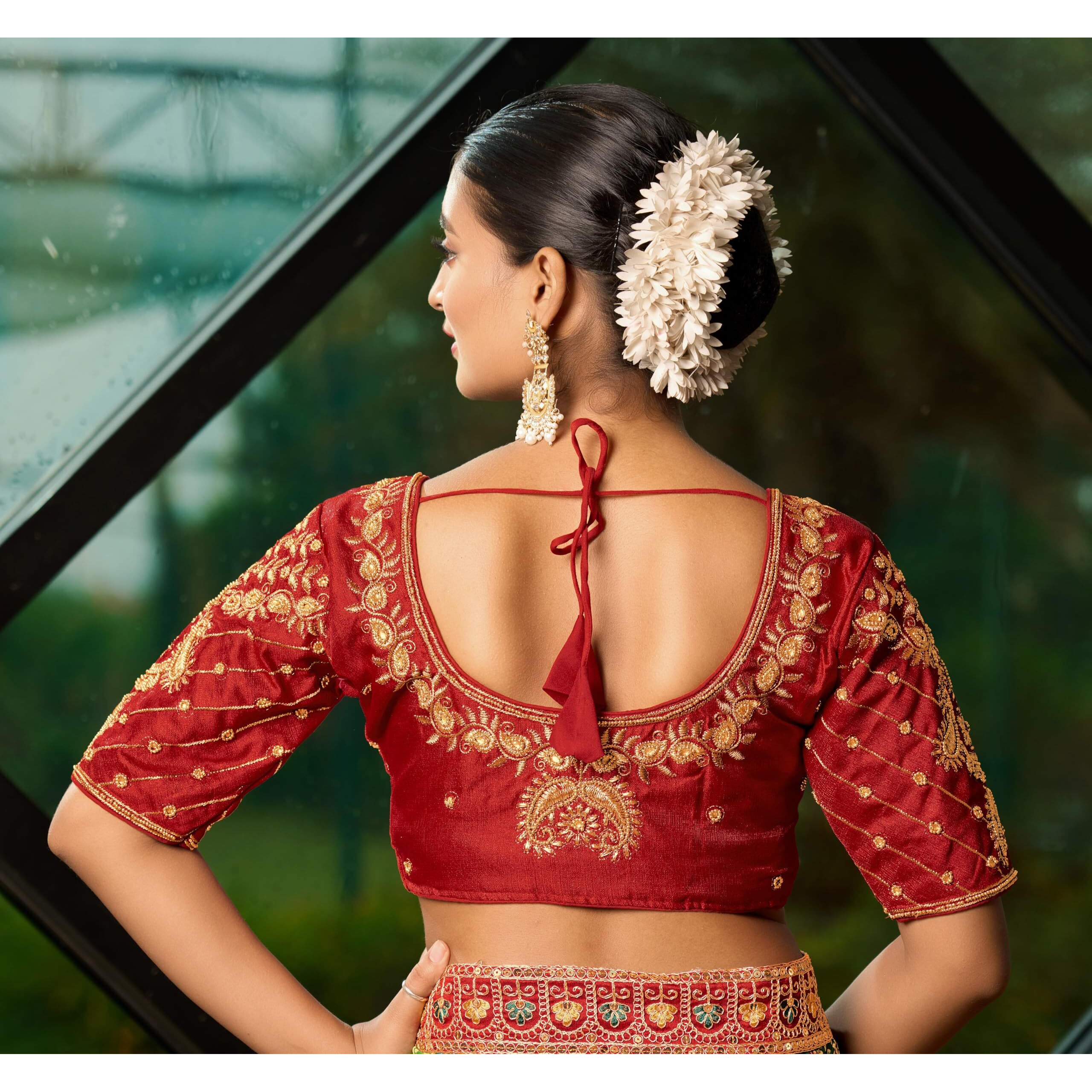 Pujia Mills Women's Readymade Blouse Embroidery Multi Coding Maggam Work Sequence Work Indian Ethnic Designer Stitched Readymade Saree Half Sleeve Red Blouse For Women For Saree Lehenga Choli