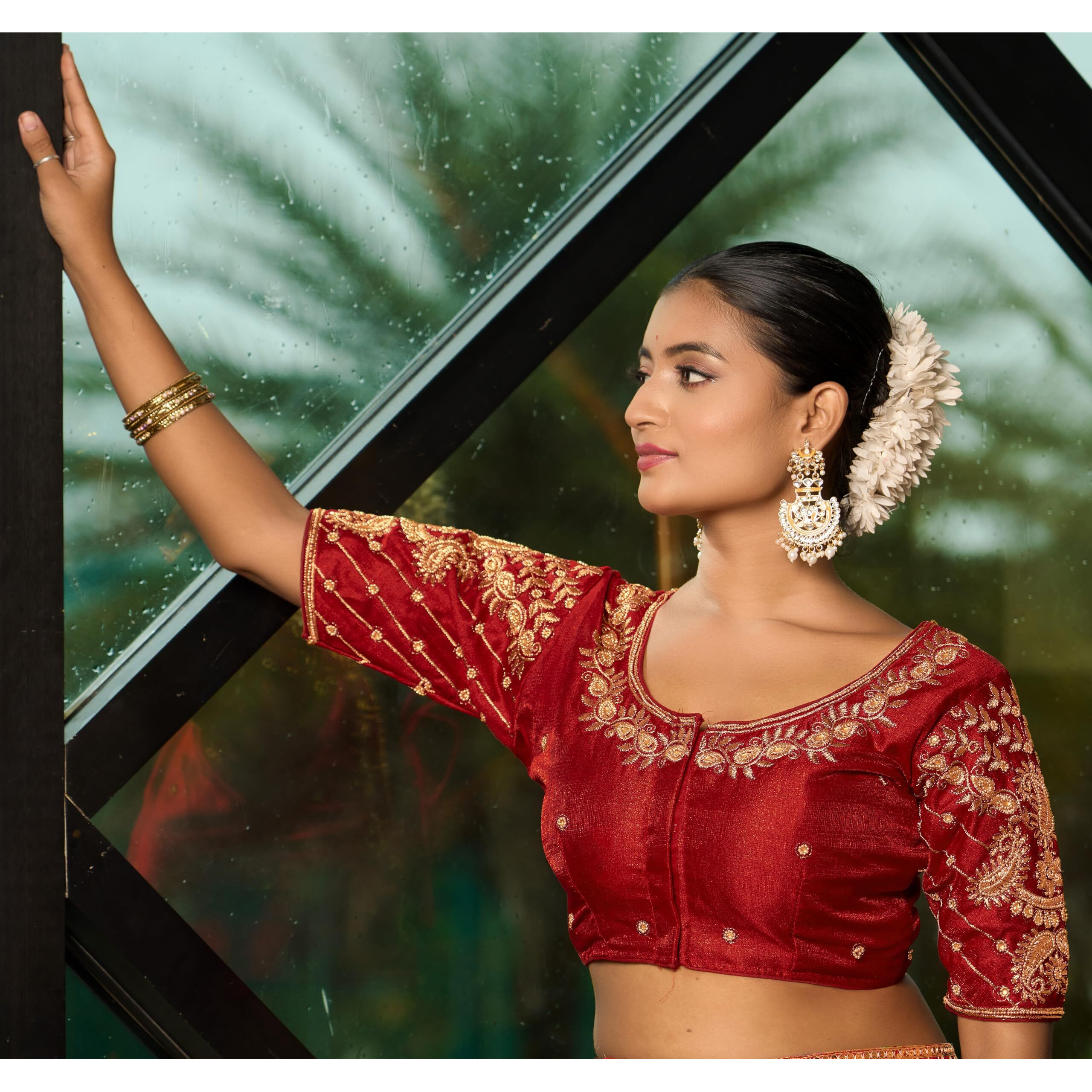 Pujia Mills Women's Readymade Blouse Embroidery Multi Coding Maggam Work Sequence Work Indian Ethnic Designer Stitched Readymade Saree Half Sleeve Red Blouse For Women For Saree Lehenga Choli