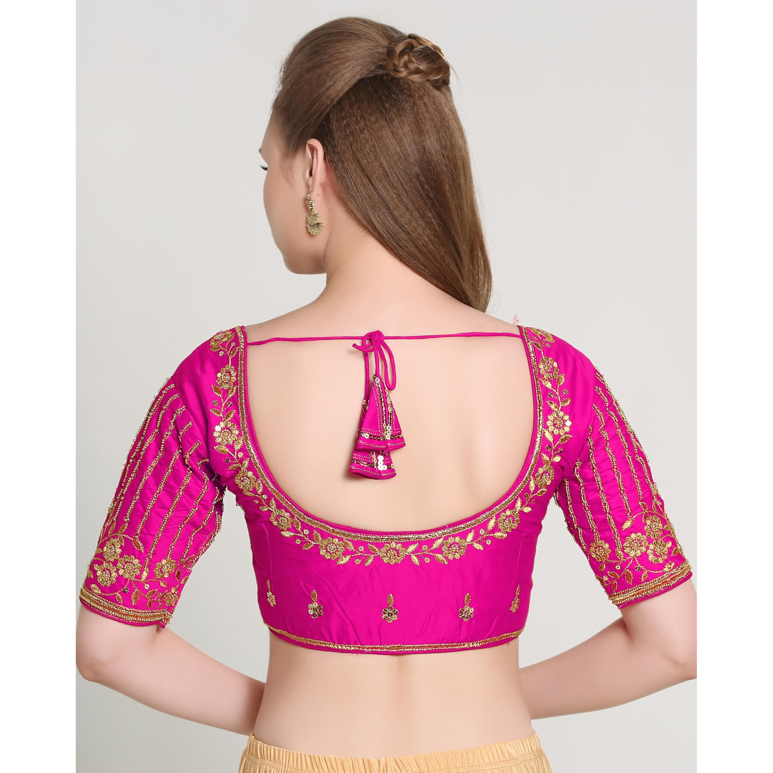 Pujia Mills Women's Readymade Bridal Embroidery Blouse Multi Coding Maggam Work Moti Work Indian Ethnic Designer Stitched Readymade Saree Half Sleeve Pink Blouse For Women For Saree Lehenga Choli