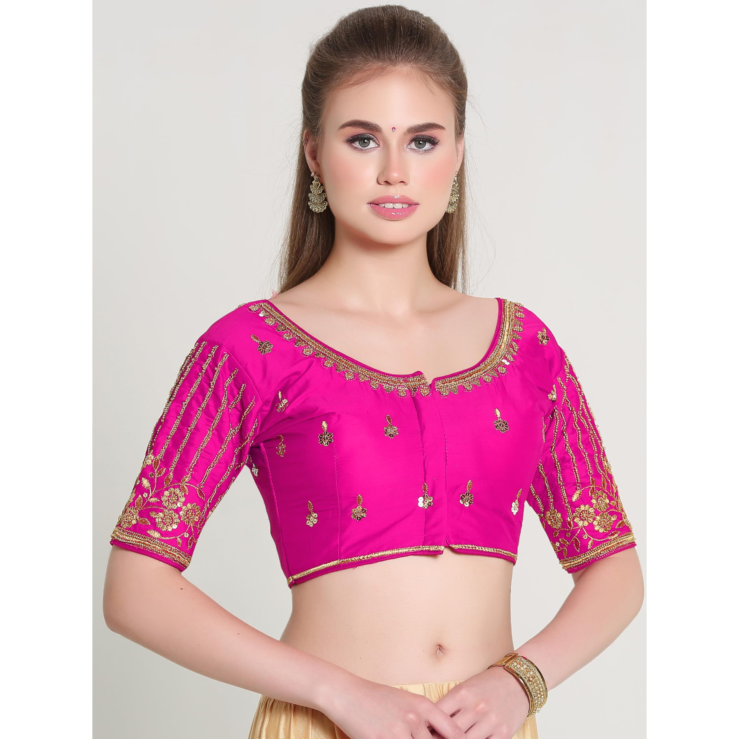 Pujia Mills Women's Readymade Bridal Embroidery Blouse Multi Coding Maggam Work Moti Work Indian Ethnic Designer Stitched Readymade Saree Half Sleeve Pink Blouse For Women For Saree Lehenga Choli