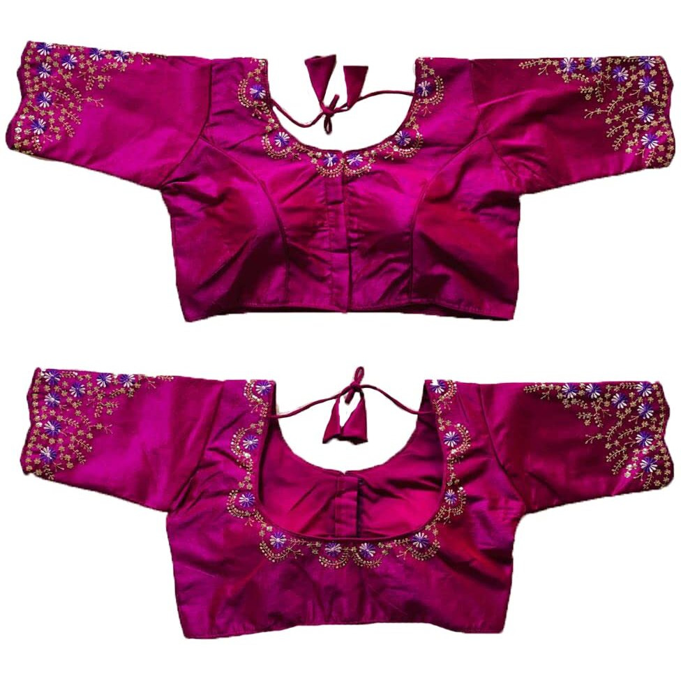 Pujia Mills Women's Silk Embroidery Sequence Work Half Sleeve Readymade Blouse (Purple, 34)