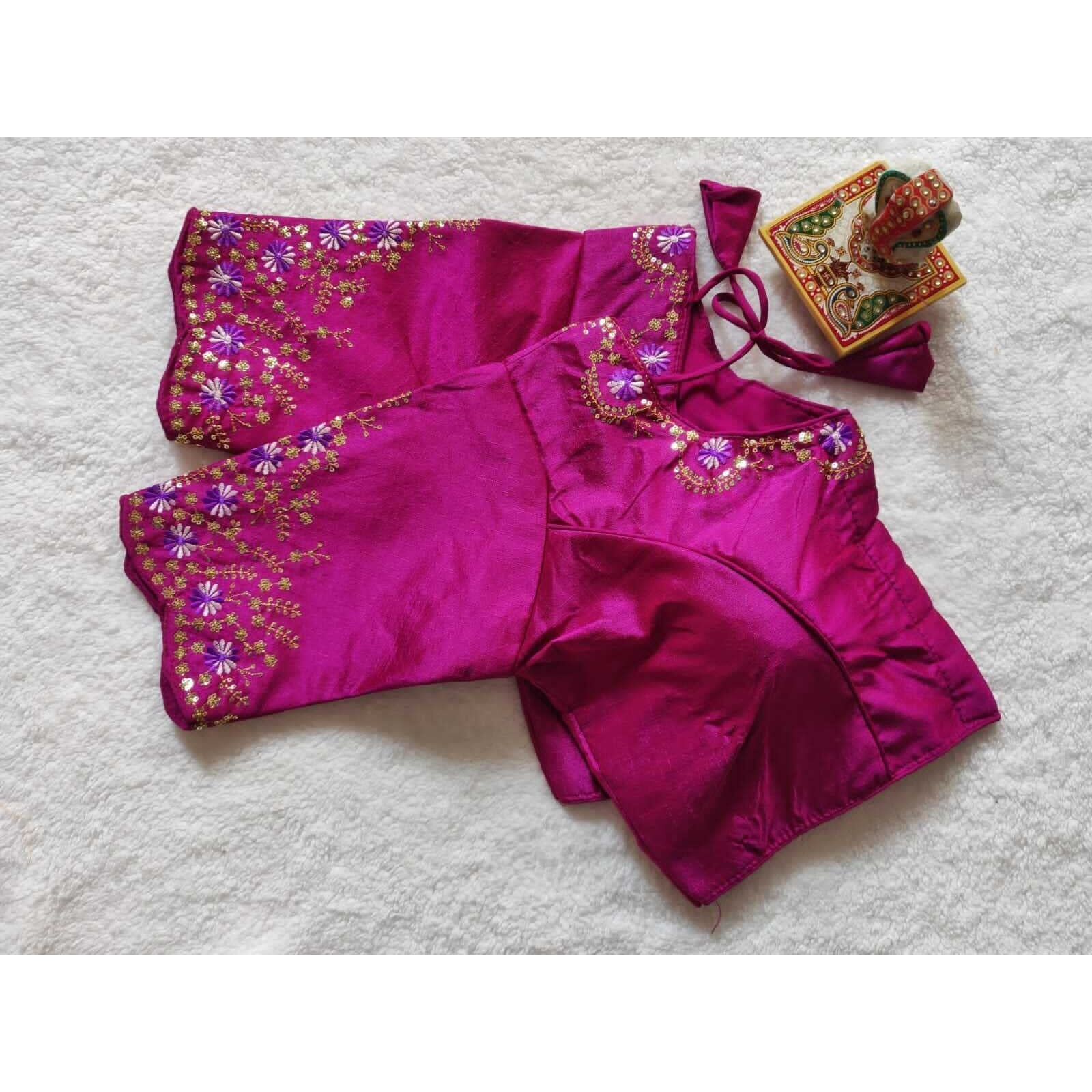 Pujia Mills Women's Silk Embroidery Sequence Work Half Sleeve Readymade Blouse (Purple, 34)