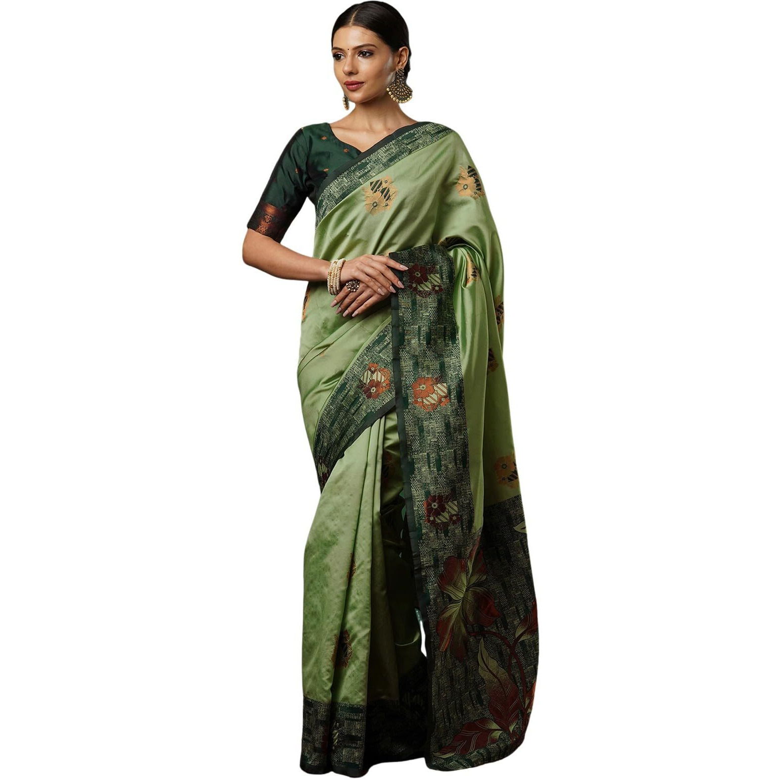 Satrani Women's Silk Blend Banarasi Jacquard Woven Saree With Unstitched Blouse Piece (3871S196N_Green6)
