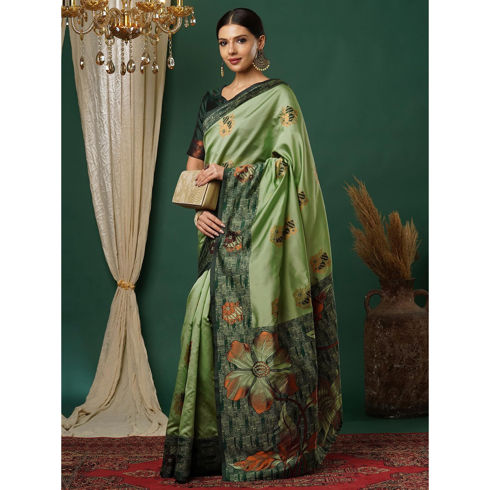 Satrani Women's Silk Blend Banarasi Jacquard Woven Saree With Unstitched Blouse Piece (3871S196N_Green6)