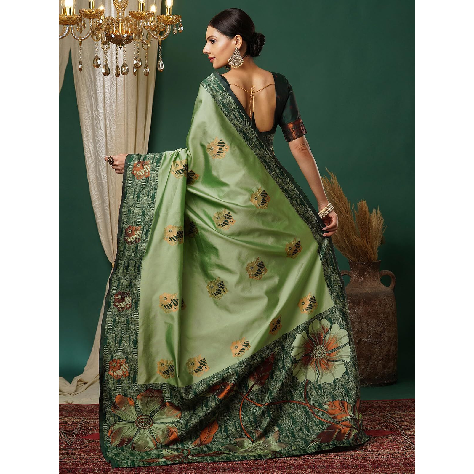 Satrani Women's Silk Blend Banarasi Jacquard Woven Saree With Unstitched Blouse Piece (3871S196N_Green6)