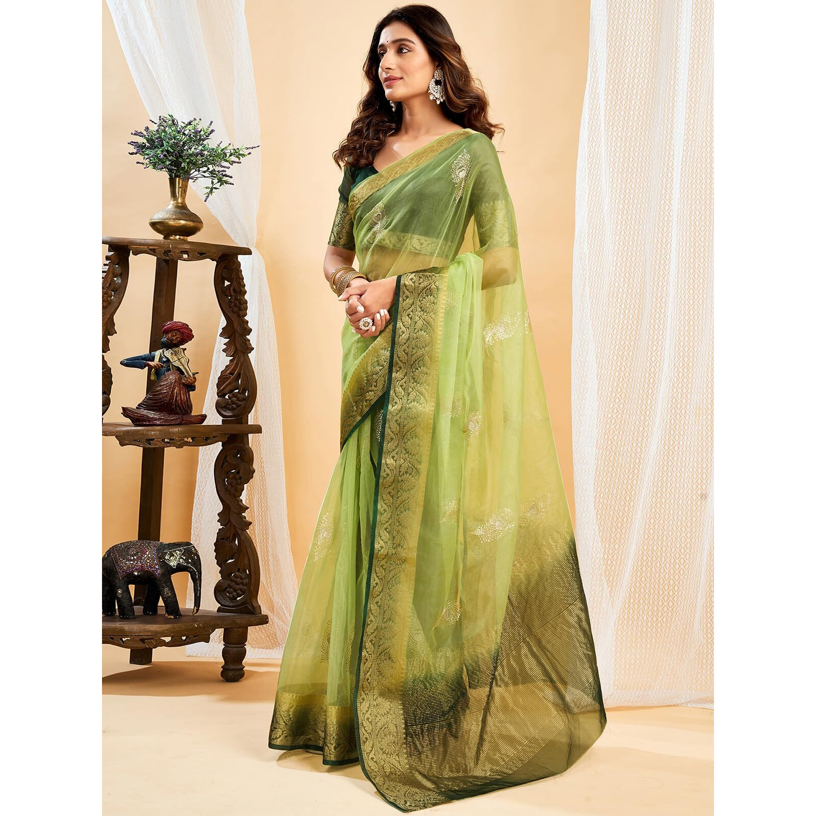 Satrani Women's Organza Sequins Embroidery Jacquard Saree With Unstitched Blouse Piece (4031S657N_Light Pista Green)