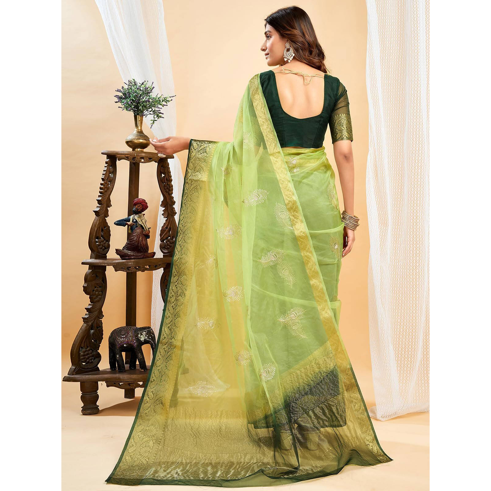Satrani Women's Organza Sequins Embroidery Jacquard Saree With Unstitched Blouse Piece (4031S657N_Light Pista Green)