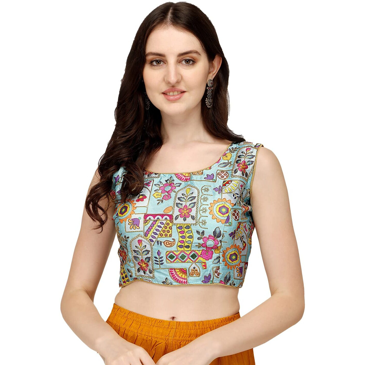 Pujia Mills Women's Phantom Silk Floral Sleeveless Saree Blouse (Sea Green, 36)