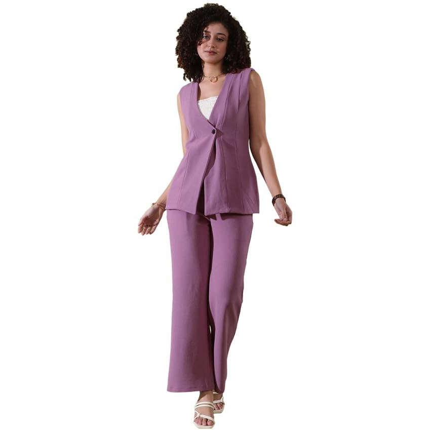 Selvia Women's Co-Ords Set|Sleeveless Lycra V-Neck Co-Ords Set|Top & Trouser Co-Ords Set|2 Piece Co-Ord Set (646Ctk11303N-L_Lavender)