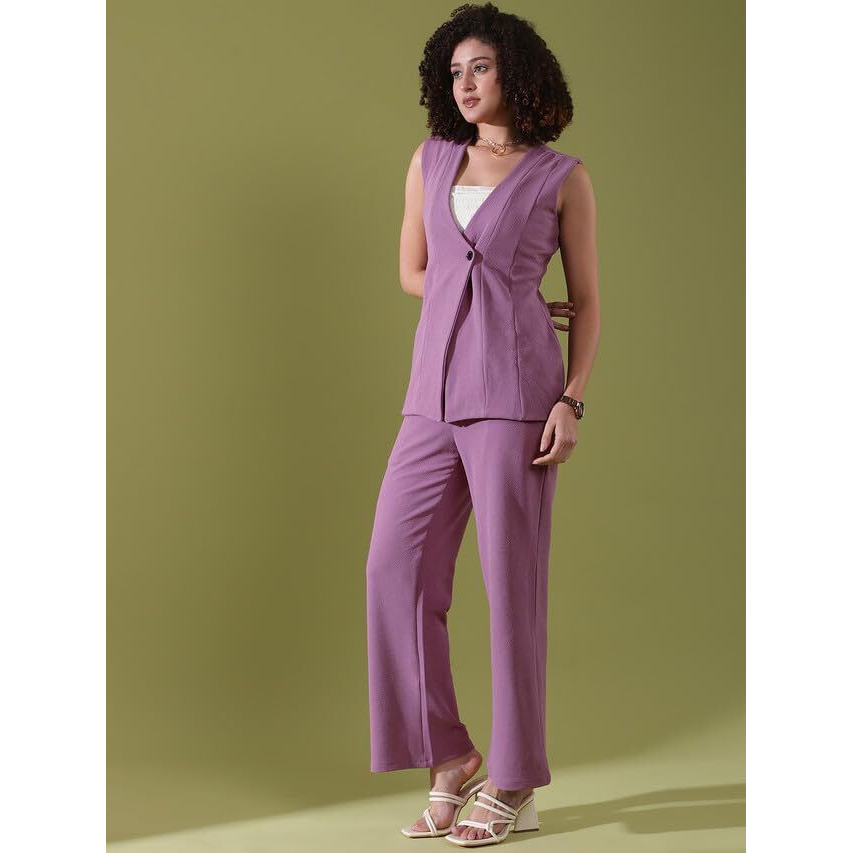 Selvia Women's Co-Ords Set|Sleeveless Lycra V-Neck Co-Ords Set|Top & Trouser Co-Ords Set|2 Piece Co-Ord Set (646Ctk11303N-L_Lavender)