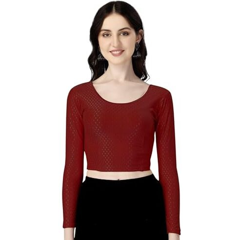 Shiv Textiles Round Neck Dobby Cotton Lycra Stretchable Elbow Sleeve Readymade Saree Blouse For Women Stylish (Maroonfree Size Full Sleeve)