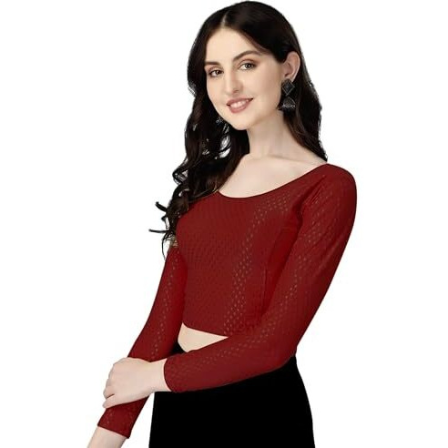 Shiv Textiles Round Neck Dobby Cotton Lycra Stretchable Elbow Sleeve Readymade Saree Blouse For Women Stylish (Maroonfree Size Full Sleeve)