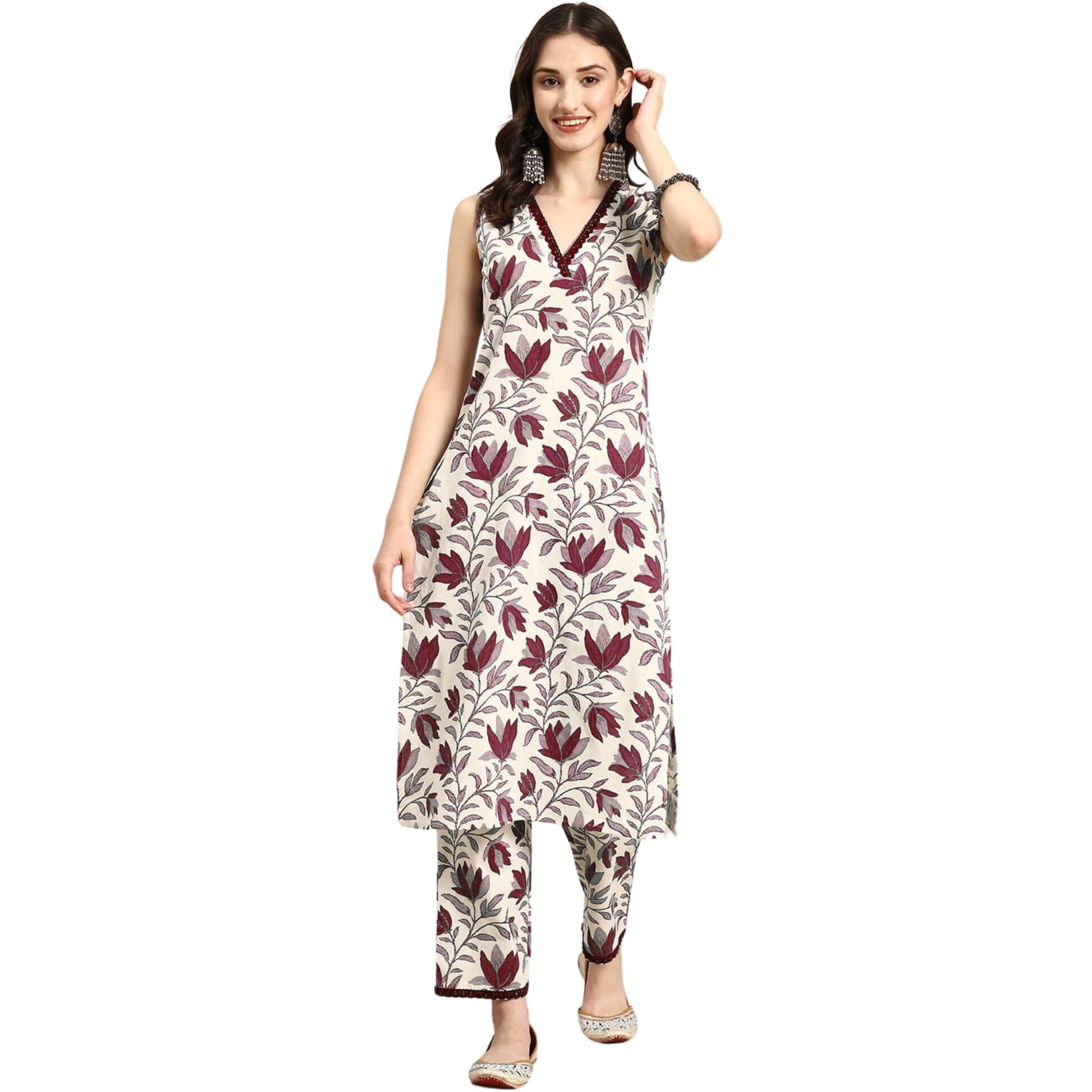 Smowkly V-Neck Sleeveless Kurta For Women (1433_Mrn_Xxl) Red